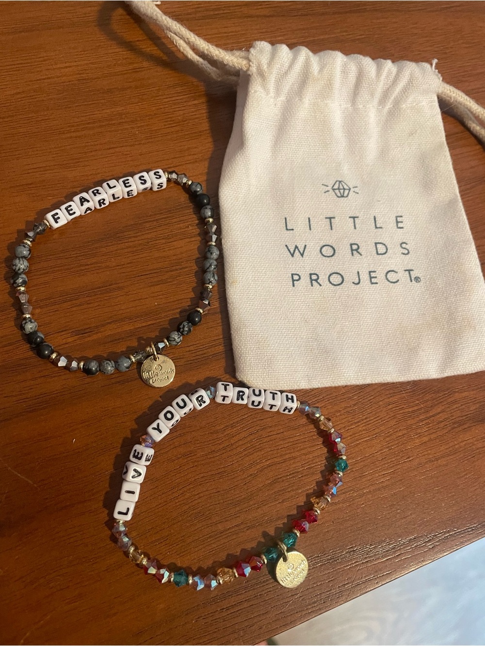Little Words Project 'LIVE YOUR TRUTH' and 'FEARLESS' Bead Bracelets w/ Bag